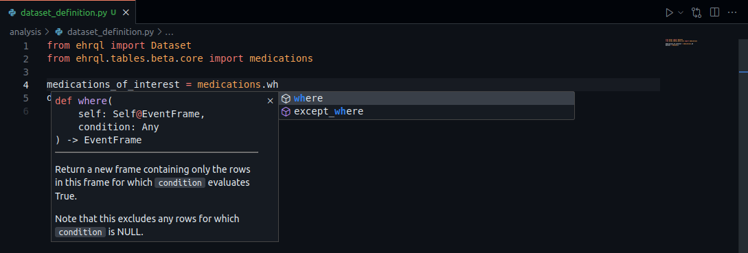 A screenshot showing ehrQL reference information provided by Visual Studio Code.