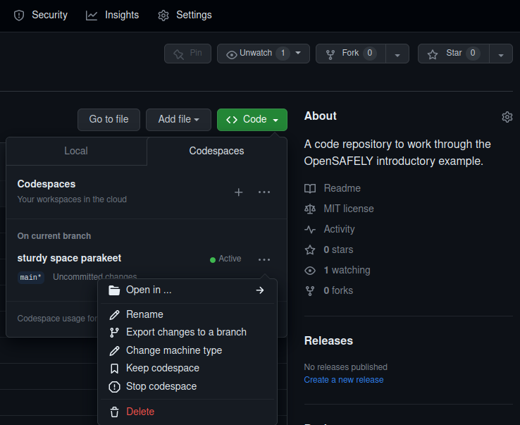 A screenshot showing the Codespaces options in the Codespaces panel for a code repository